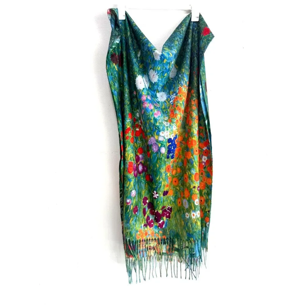 Scarf wool Viscose blend Monet painting reversible water lily art to wear women